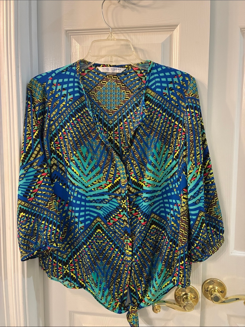 Peter Nygard Blue Geometric Tie-Front Blouse SZ 8P
